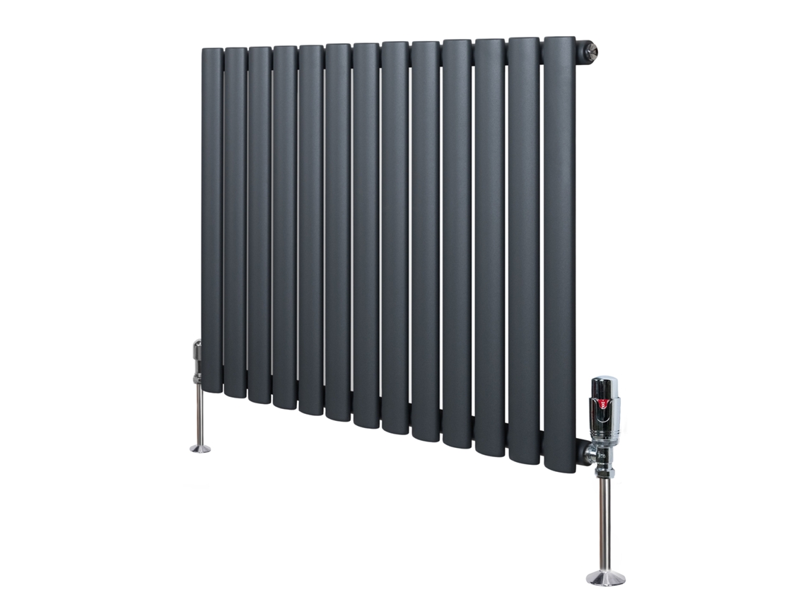 Radiador ovalado de una sola columna de 600x780 mm - Gris antracita, 742 W, acero al carbono, válvulas termostáticas cromadas.
