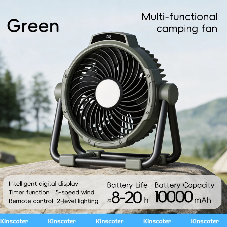 (verde Escuro) Ventilador Portátil 6 Em 1 Para Camping, Com Quatro Velocidades De Vento, Luz Led E Bateria Externa.