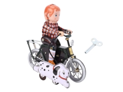 Juguete Antiguo De Niño Montando Un Perro En Una Bicicleta De Hojalata Para Coleccionar Y Decorar.