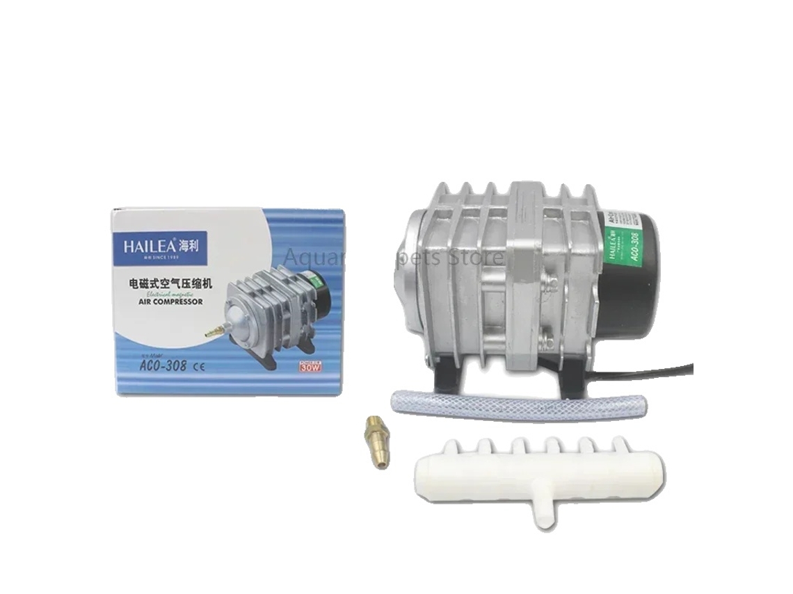 Compresores de aire Hailea diseñados para peceras. Acero 308. 30 W. Adaptador UE 220 V 50 Hz. OEM.