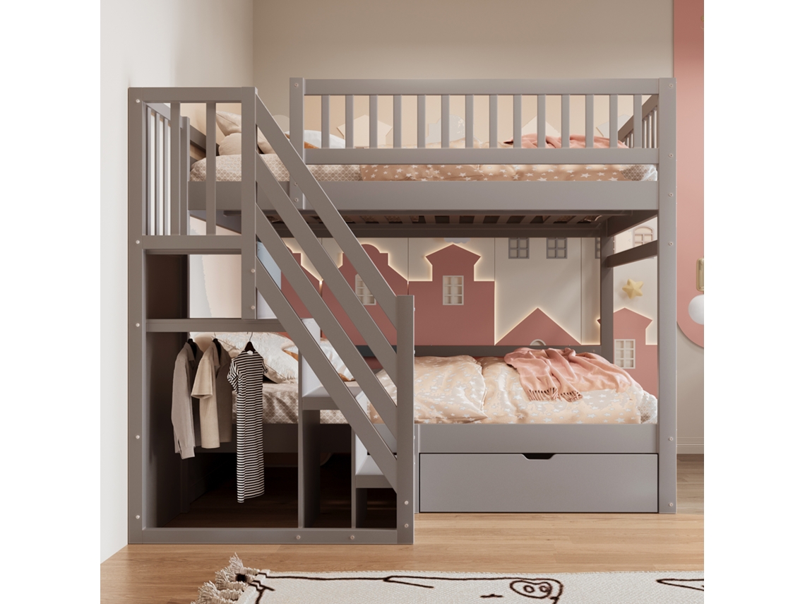 Litera de madera maciza de 140 x 200 cm, con estructura de láminas, escalera con espacio de almacenaje y cajones, color gris.