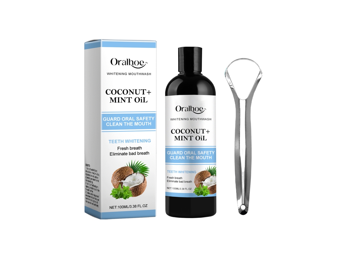 Enjuague bucal Oralhoe de coco y menta para refrescar el aliento y cuidar las encías.