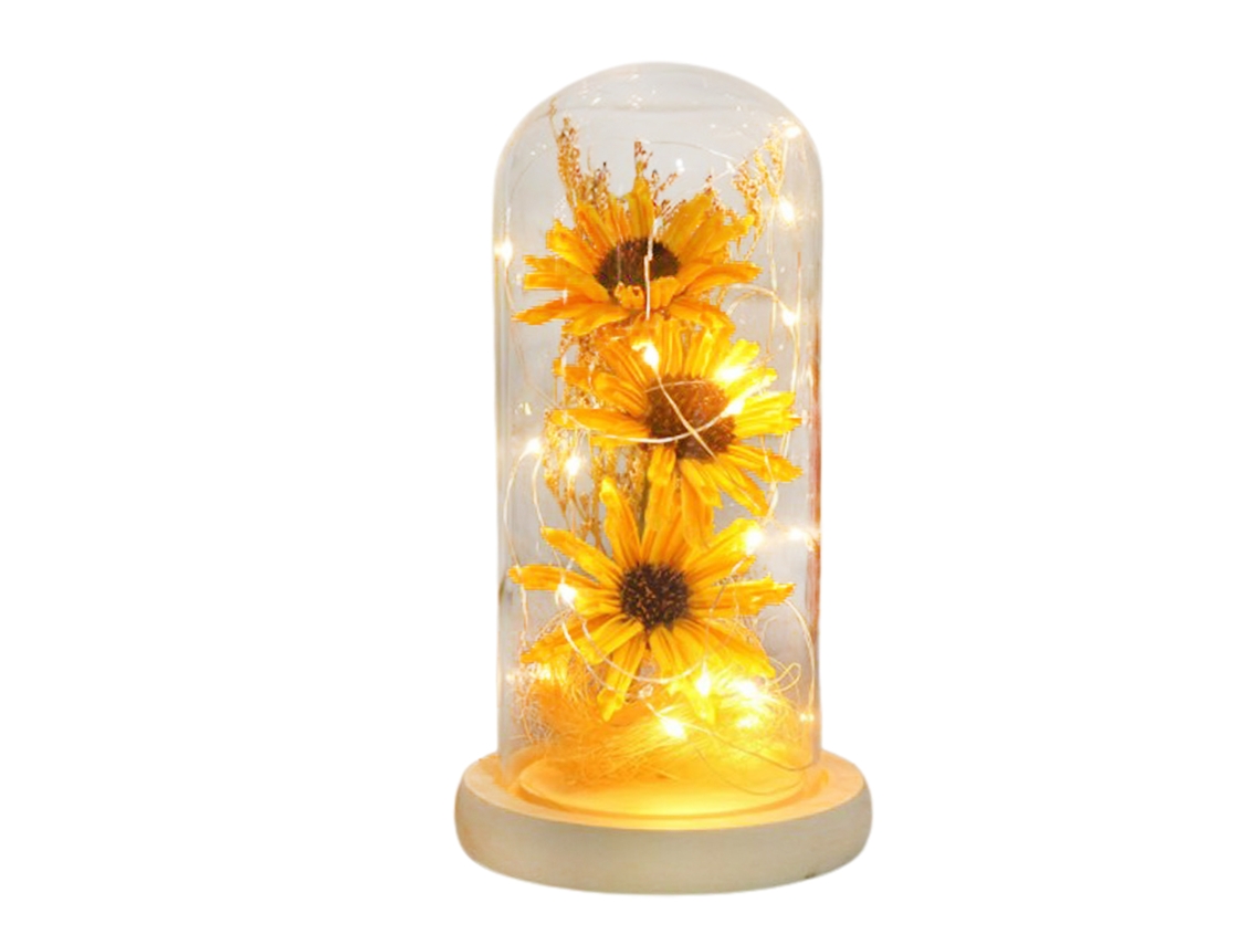 Girasol Artificial Preservado Con Cúpula De Cristal Y Luz Led - Regalo Para San Valentín O El Día De La Madre