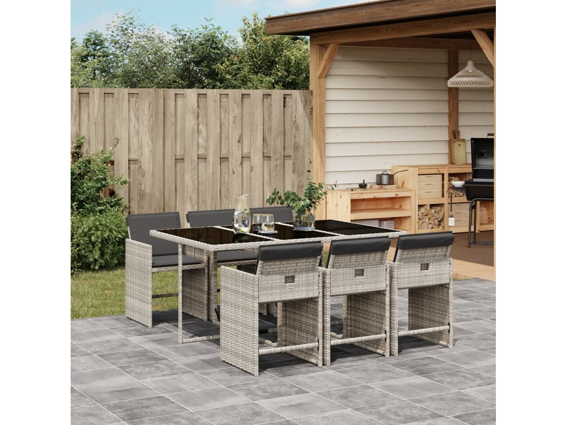 Juego de comedor de jardín de 7 piezas con cojines de mimbre gris claro DKD Home Decor