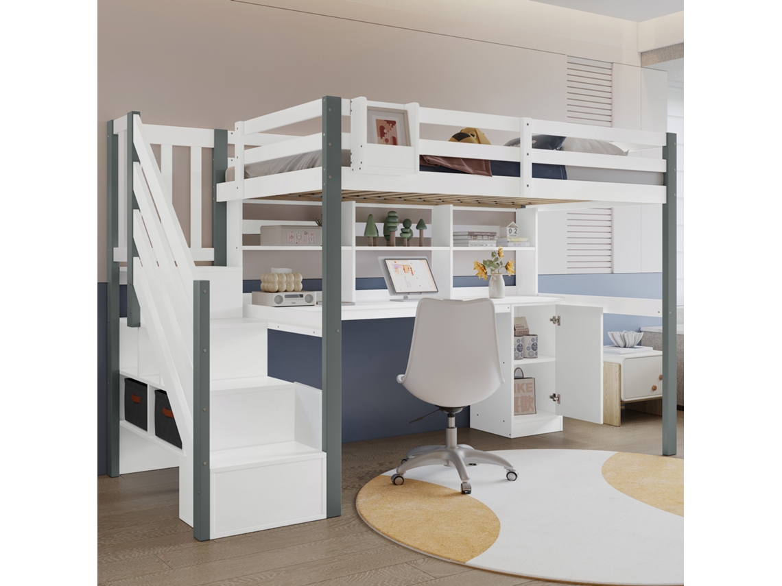 Cama Alta De 90x200 Mm, Almacenamiento, Tela, Escalera, Escritorio, Armario, Blanco, Gris
