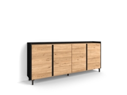 Aparador de comedor, 207x35x91cm, 4 puertas, diseño industrial, roble y negro.