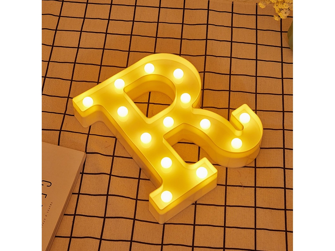 Letra LED R Iluminada con Luz Blanca Cálida, Altura 22cm, Funcionamiento a Pilas 2*AA