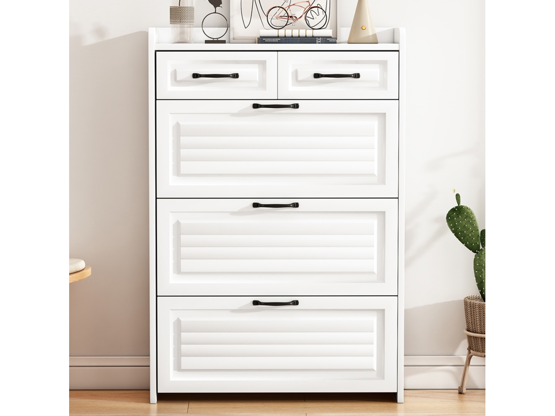 Zapatero 80x23.5x131 Cm - Con 3 Puertas Y 2 Cajones - Madera - Blanco - Para Entrada O Salón