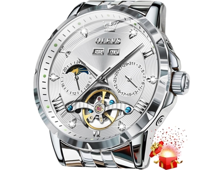 VEANXIN Reloj automático de fase lunar de acero inoxidable Tourbillon hueco con diamantes para hombre(plata)