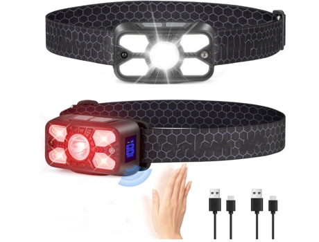 Linterna Frontal Recargable Pack de 2 2500 Lúmenes 5 Leds Diadema Ajustable con Sensor de Movimiento 14 Modos y Luz Roja Negro TURMIN