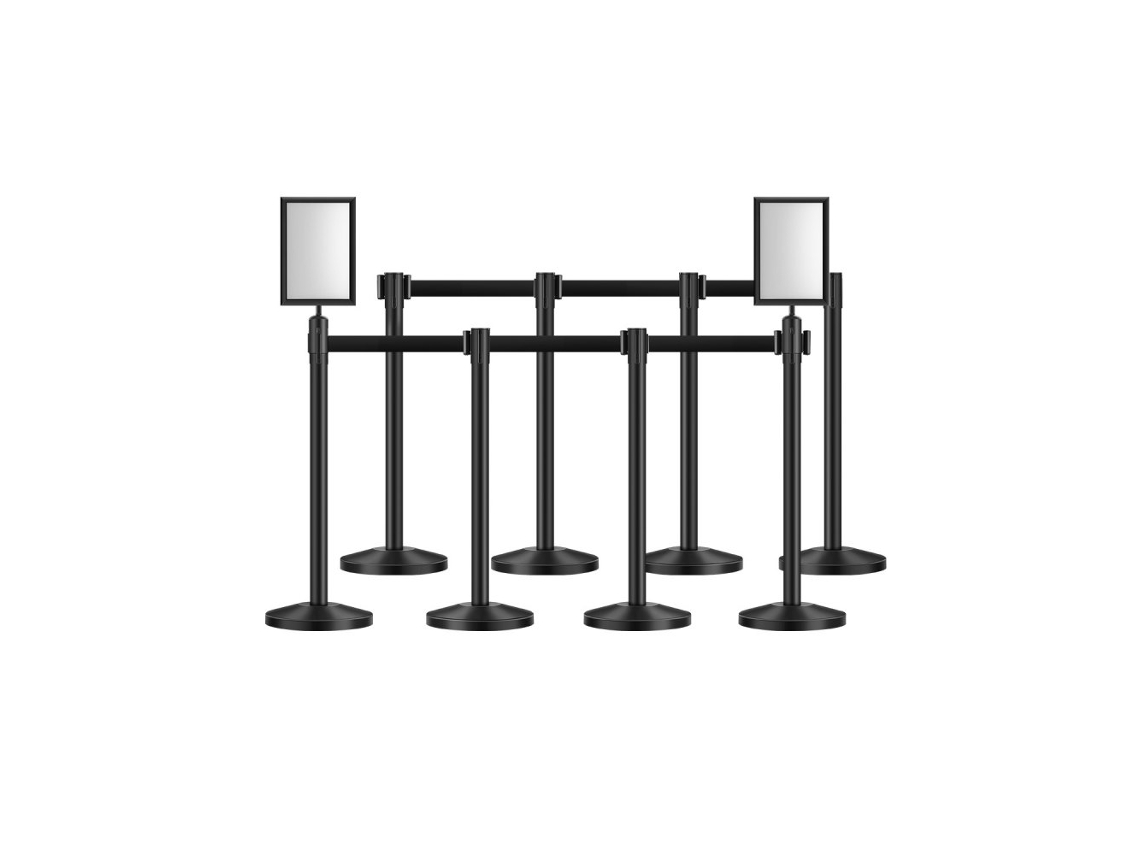 Conjunto de puestos de control, barreras y cola con correas retráctiles y soportes Tekmaquinas