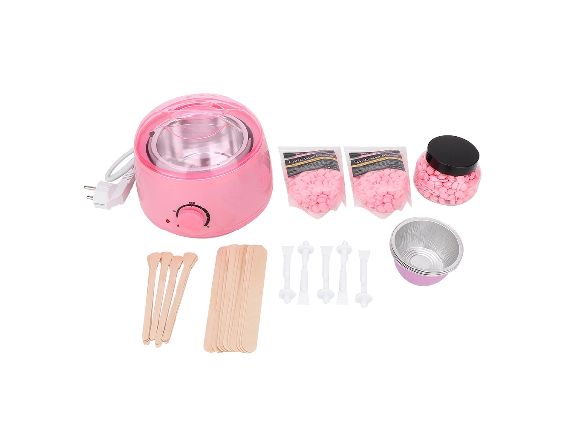 Kit de depilación con cera que incluye calentador, palitos y vaso.