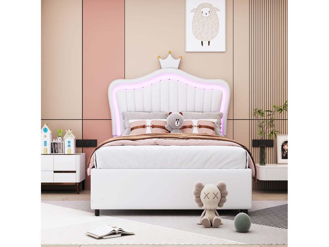 Cama Infantil en Piel Sintética 90x200 cm con LED y 2 Cajones con Somier de Láminas Blanco