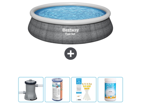 Piscina hinchable redonda Fast Set BESTWAY - Estampado ratán - 457 x 84 cm - Bomba incluida Filtrar - Tiras de prueba - Cloro