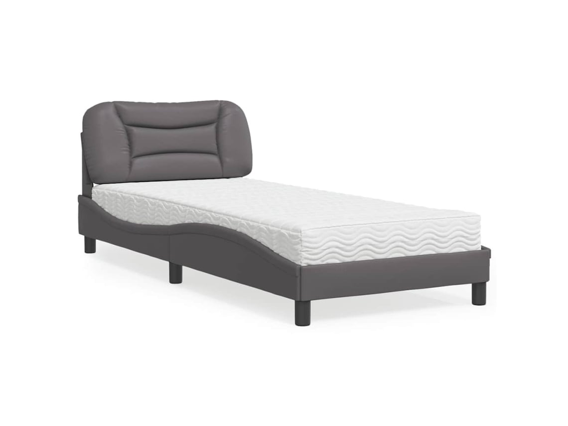 Cama Con Colchón Cuero Sintético Gris 90x200 Cm