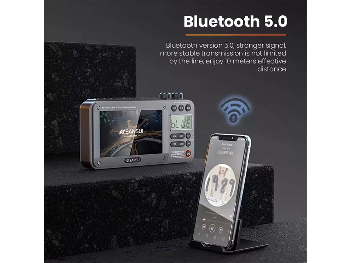 Radio FM portátil Sansui F50 con pantalla de 4,3 pulgadas, altavoz Bluetooth inalámbrico, bocina magnética integrada de 2,5 pulgadas y compatible con reproductor MP3.