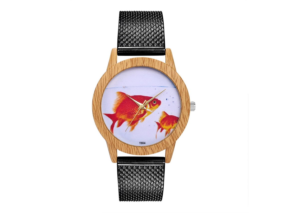 Reloj De Pulsera Unisex Zhoulianfa Con Estampado De Peces Dorados Y Brazalete De Acero Negro.