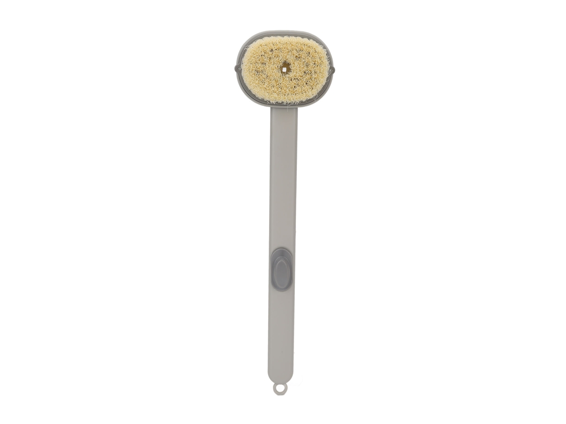 Cepillo de baño con mango largo y cabezal extraíble, con compartimento para gel de ducha, cerdas suaves, material plástico.