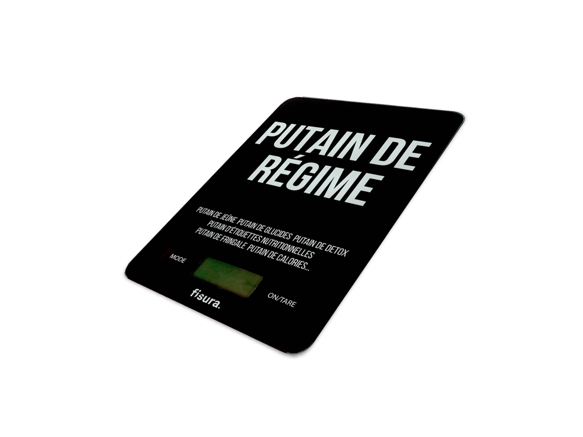 Báscula de cocina digital “p*tain de régime” Balanza electrónica original de 5kg/11lbs Báscula para alimentos multifunción Cristal y ABS 15 x 22 FISURA
