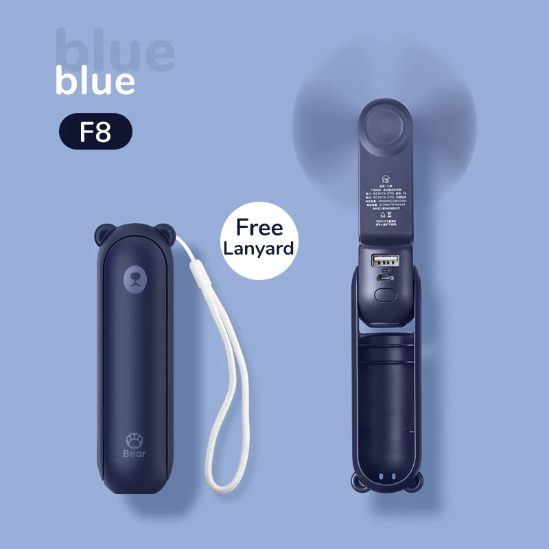 Mini Ventilador Portátil De Mano (2000 Mah, Azul F8) Con Carga Usb De 4500 Mah Y Función De Linterna