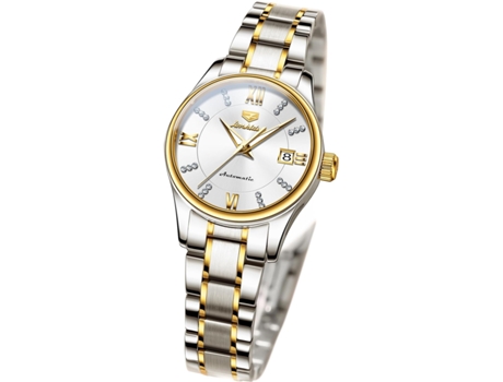 VEANXIN Reloj luminoso impermeable con fase lunar Tourbillon de diamantes automático para mujer(esfera blanca)