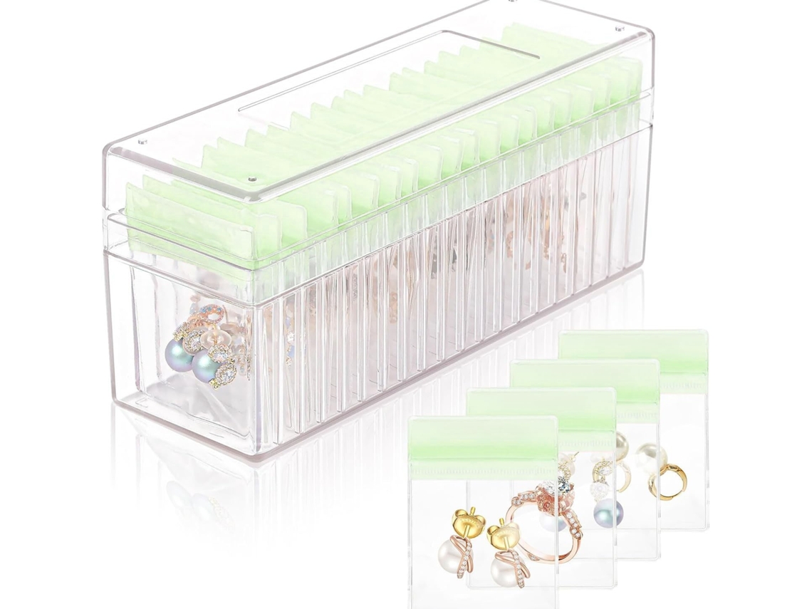Joyero portátil a prueba de polvo con 20 bolsas transparentes para aretes, anillos y pulseras (verde) Cuich