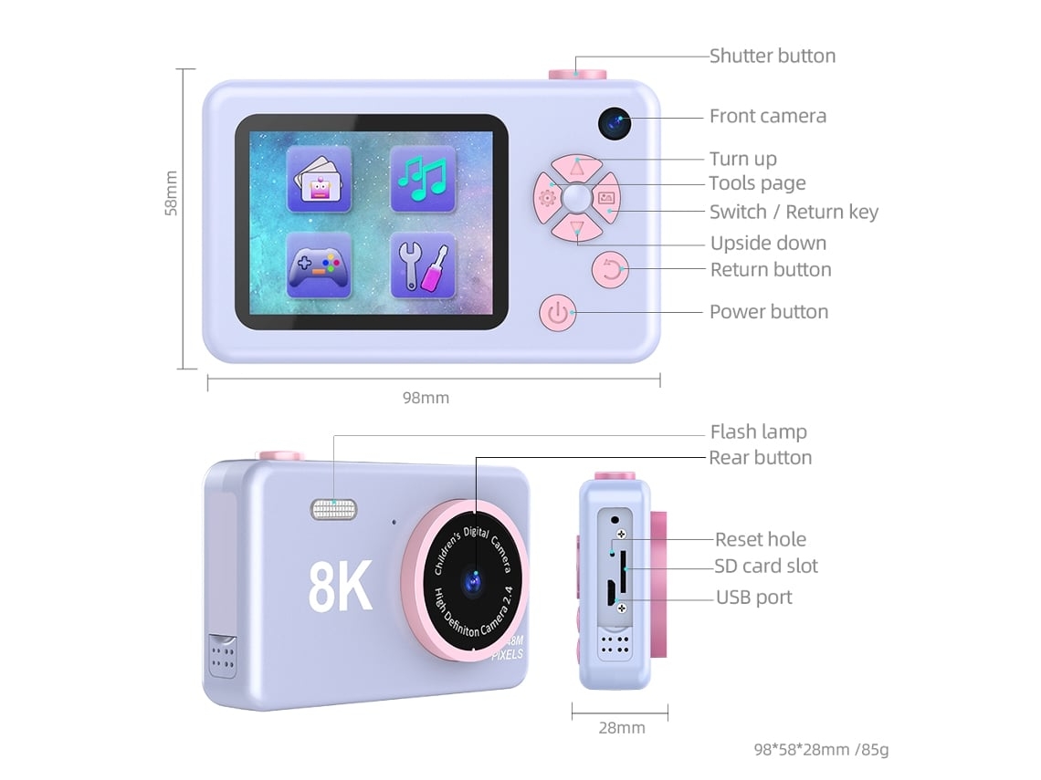 Cámara digital compacta H4 HD 8K de 2,4 pulgadas con doble CCD frontal y trasera, 32 g, color morado, Yemaesre