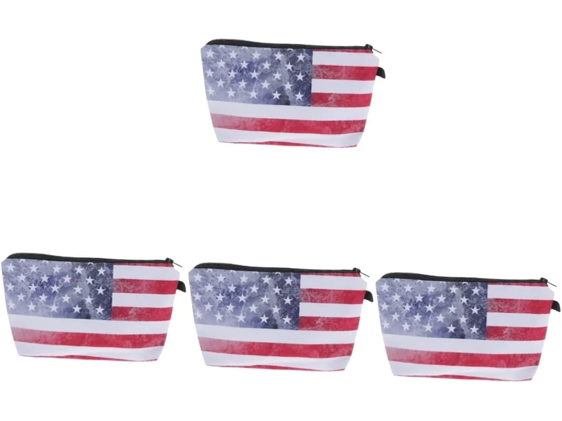 Juego De 4 Neceseres De Maquillaje Reutilizables De Poliéster Con Diseño De La Bandera Estadounidense Y Bolsa De Almacenamiento.