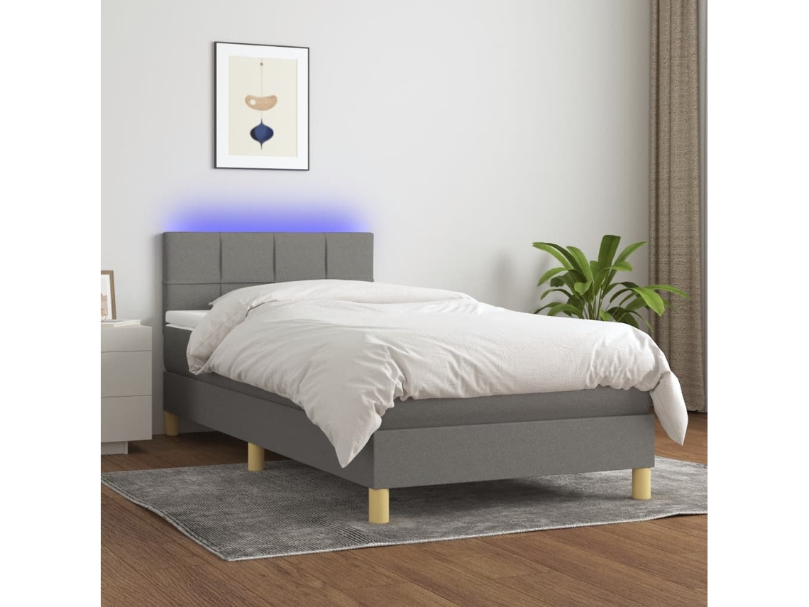 Cama Box Spring Con Colchón Y Led Tela Gris Oscuro 90x190 Cm