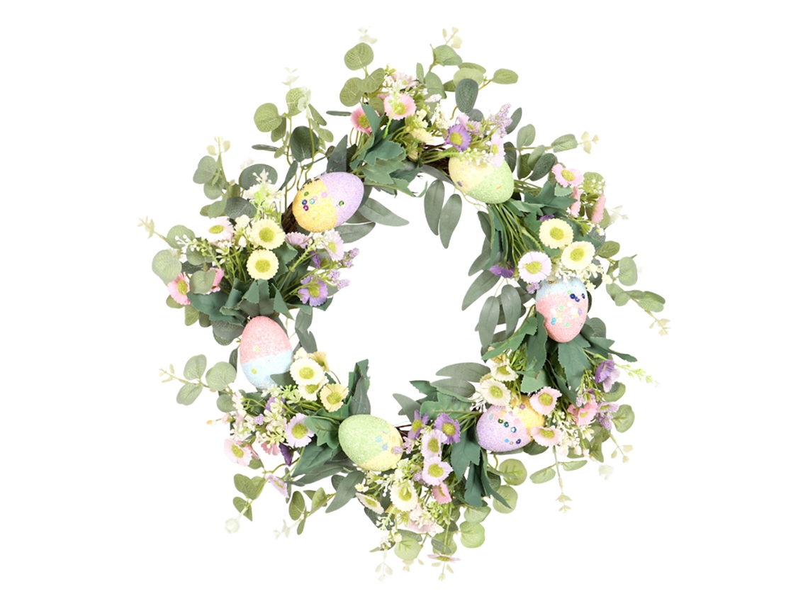 Corona de Pascua con huevos y flores para decoración de puertas.