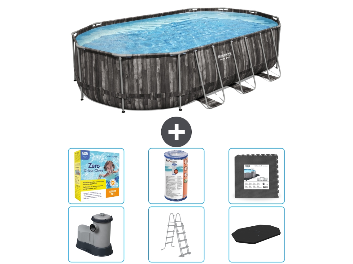 Piscina BESTWAY Oval Power Steel - 610 x 366 x 122 - Gris - Incluye bomba - Escalera - Cobertor Paquete de mantenimiento - Filtrar - Baldosas