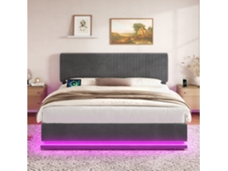 Cama Tapizada 140x200 - Led, Usb-c, Cabecero Ajustable, Almacenamiento, Tela Cord Gris