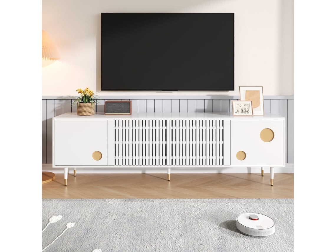 Mueble Tv 170 Cm - Estructura De Rejilla, Manijas Ocultas, Decoración Dorada - Blanco