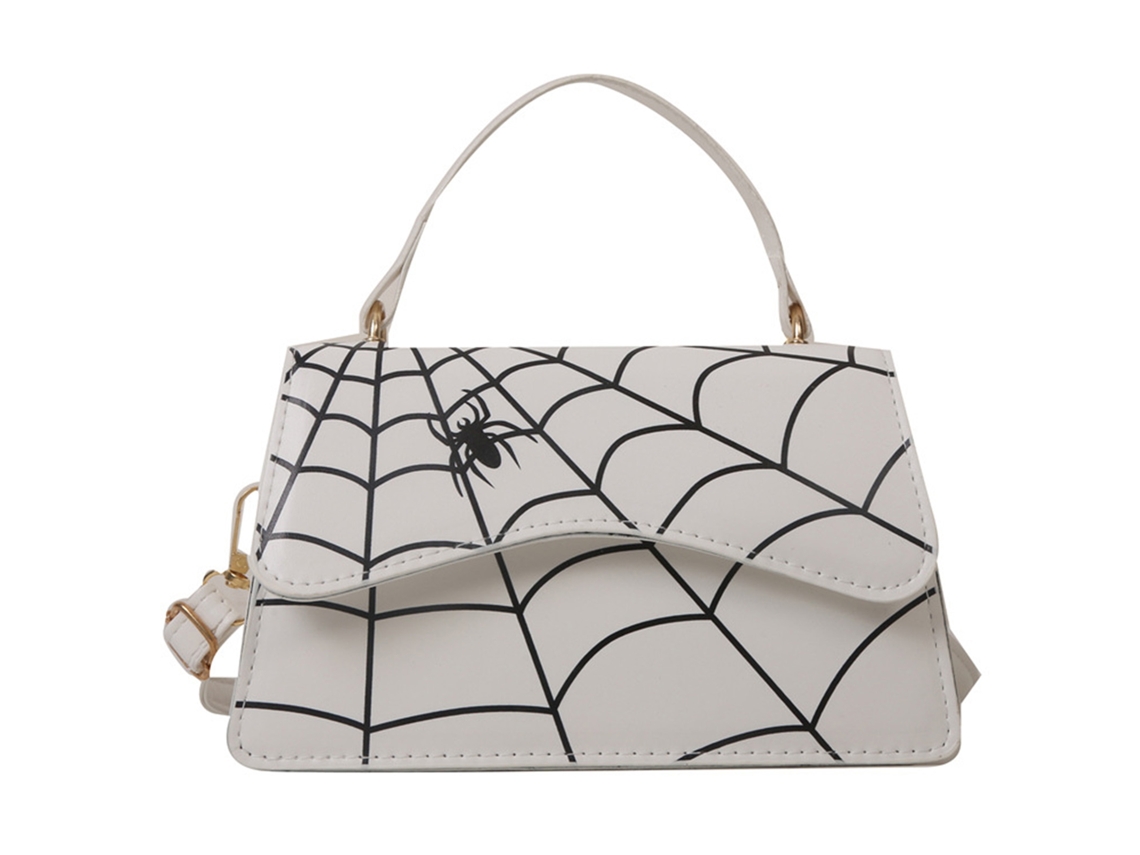 Bolso De Hombro Para Mujer, Piel Sintética, Estampado De Telaraña, Gran Capacidad, Ajustable, Blanco.