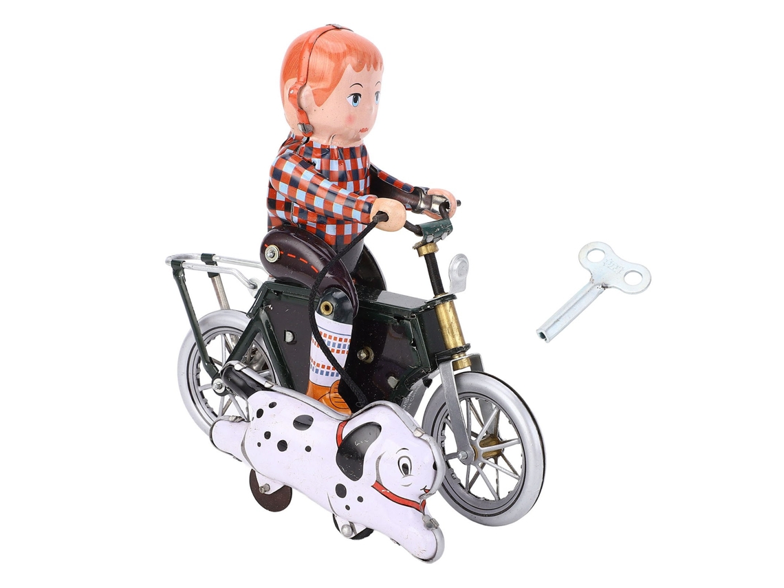 Juguete Antiguo De Niño Montando Un Perro En Una Bicicleta De Hojalata Para Coleccionar Y Decorar.
