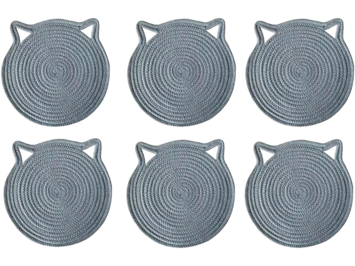 6 Posavasos Forma Orejas Gato Para Vasos Tazas, Algodón Trenzado Diseño Animales Dibujos Animados,
