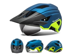 Casco de bicicleta, visera solar y gafas, recargables. Mdug (azul y amarillo, talla 57-61 cm).