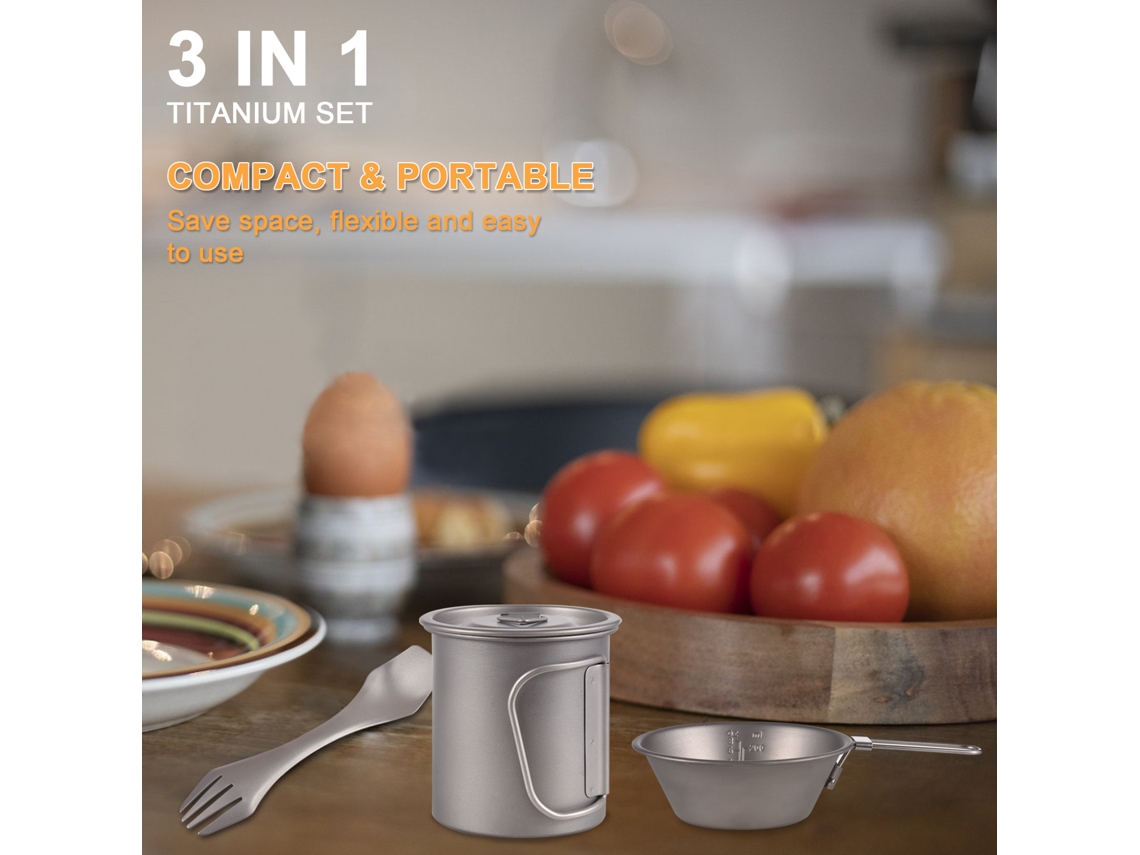 Juego De Utensilios De Camping De Titanio, 3 Piezas: Taza, Olla, Tenedor Y Cuchara Para Picnics Al Aire Libre.