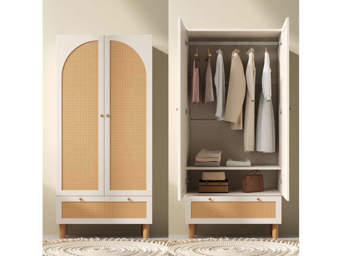 Armario De 2 Puertas Con Estructura De Ratán, Estilo Campestre De Color Blanco, Con Amplio Cajón, Baldas Regulables En Altura Y Perchero.