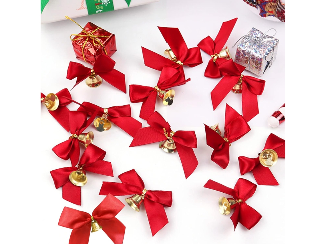 Lazos Navideños Rojos, Campanas Rojas, Adornos Navideños, 25 Piezas De Lazos Navideños Con Campanas, Lazos Navideños Rojos