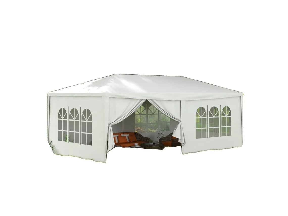 Tienda de jardín, paredes laterales desmontables, ventanas transparentes.