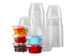 Vasos desechables multiusos de plástico con tapa para controlar las porciones, recipientes pequeños para shots de gelatina, vasos para salsas y tapas Herm.