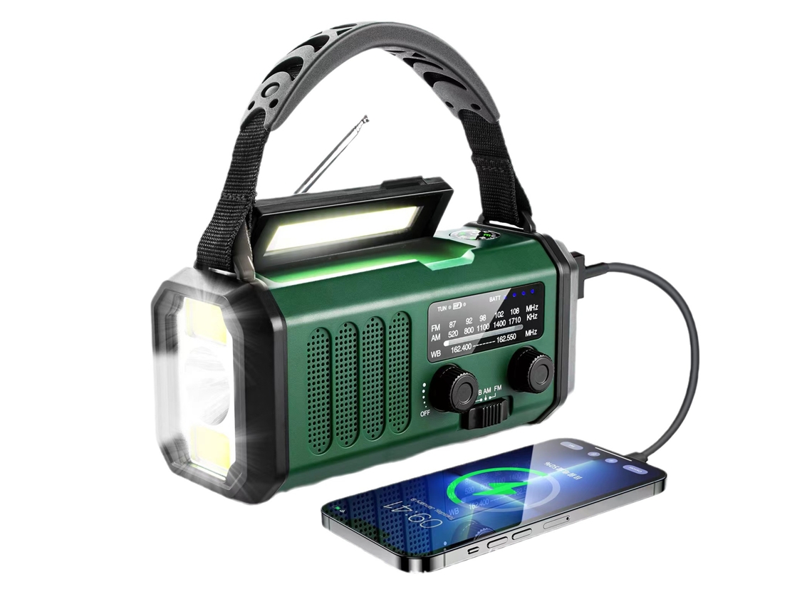 Radio portátil Mdug de 10 000 mAh, radio solar, alarma SOS y brújula para camping (verde)