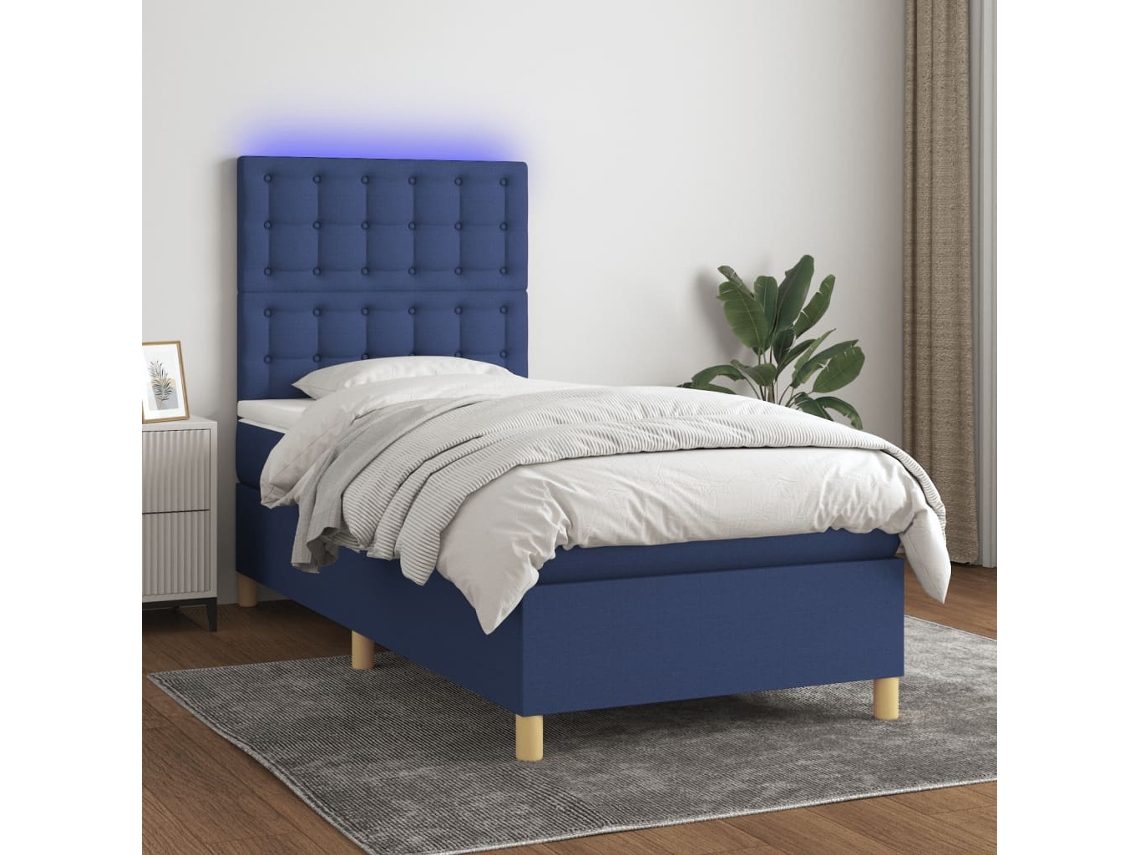 Cama Box Spring Colchón Y Luces Led Tela Azul 80x200 Cm