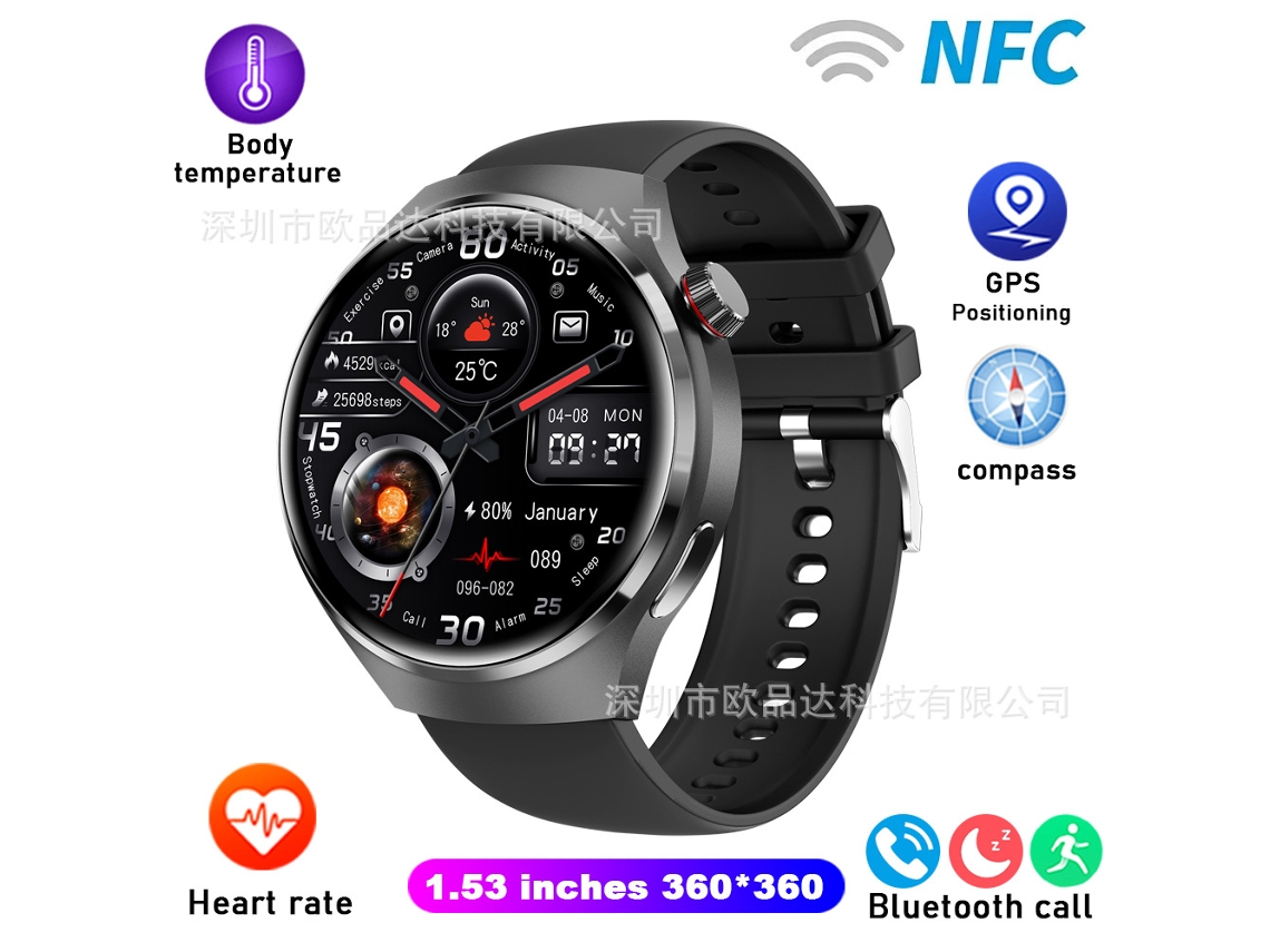 Reloj inteligente GT4 Pro con pantalla redonda, llamadas Bluetooth, resistente al agua, control de voz para deportes, versión en inglés y vinilo negro. Yunzii
