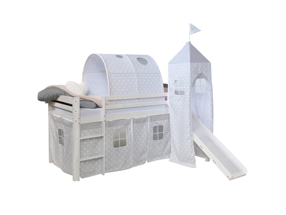Cama Alta De 90x200cm Con Escalera Y Tobogán De Madera Blanca Tela Gris Con Estrella Túnel Y Torre Lit06182