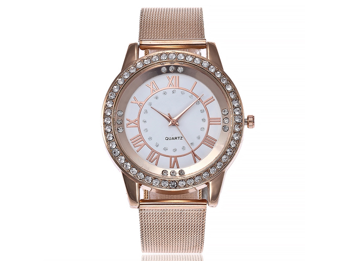 Reloj De Pulsera Vansvar Para Mujer Con Correa De Malla De Acero Y Números Romanos Blancos En Oro Rosa.