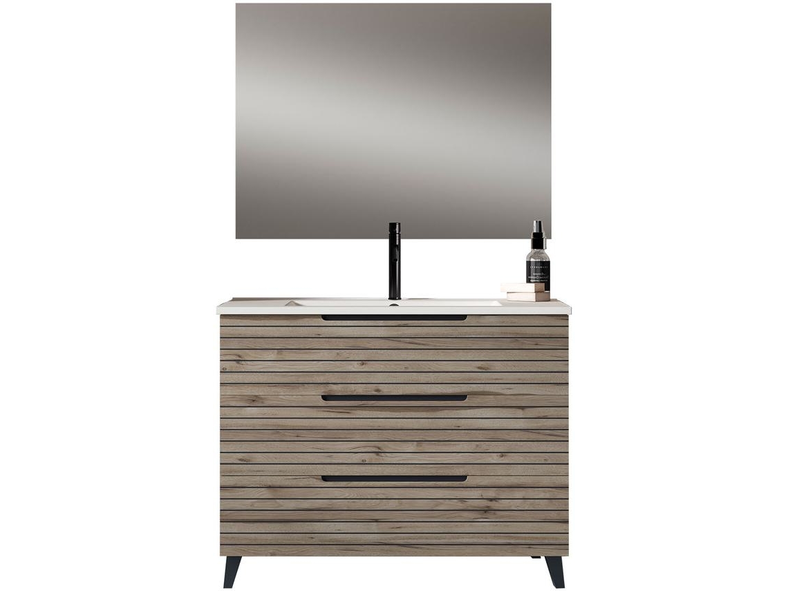 Mueble de baño con Lavabo, Espejo y Aplique LED KEN 80x45 cm acabado Desierto mate 3 cajones con patas