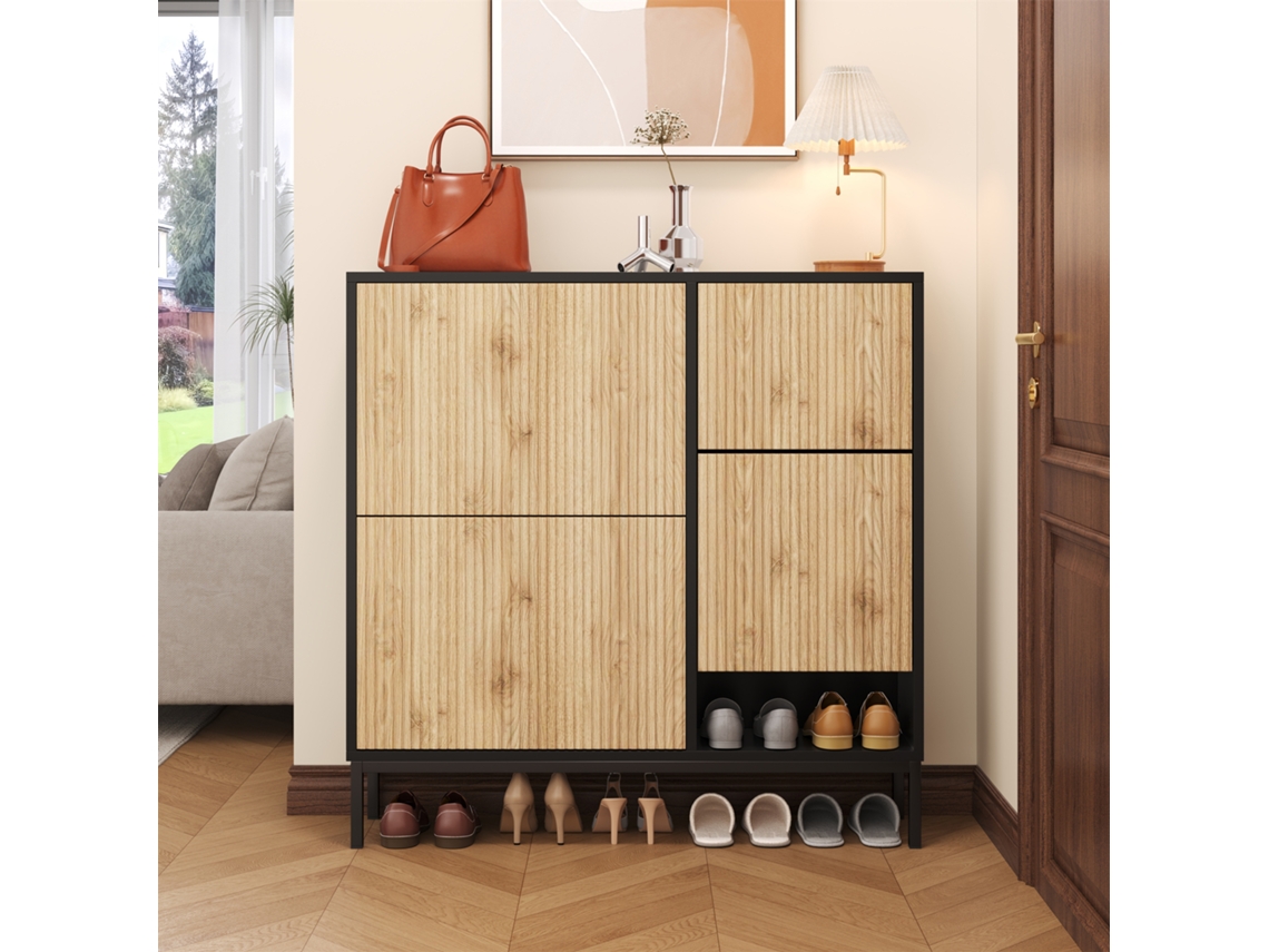 Zapatero con banco plegable, 3 puertas basculantes, estilo negro y natural