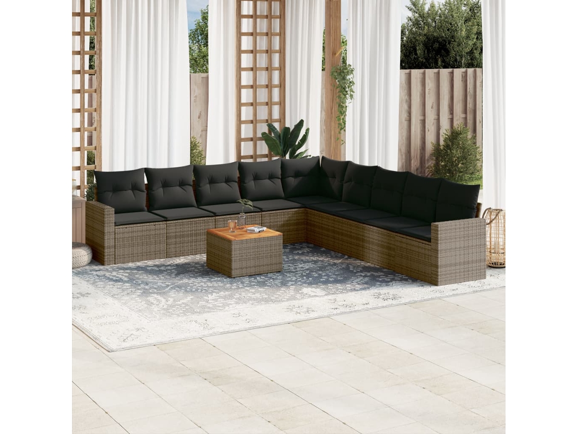 Conjunto de sofá de jardín de 10 piezas con cojines, ratán gris, DKD Home Decor
